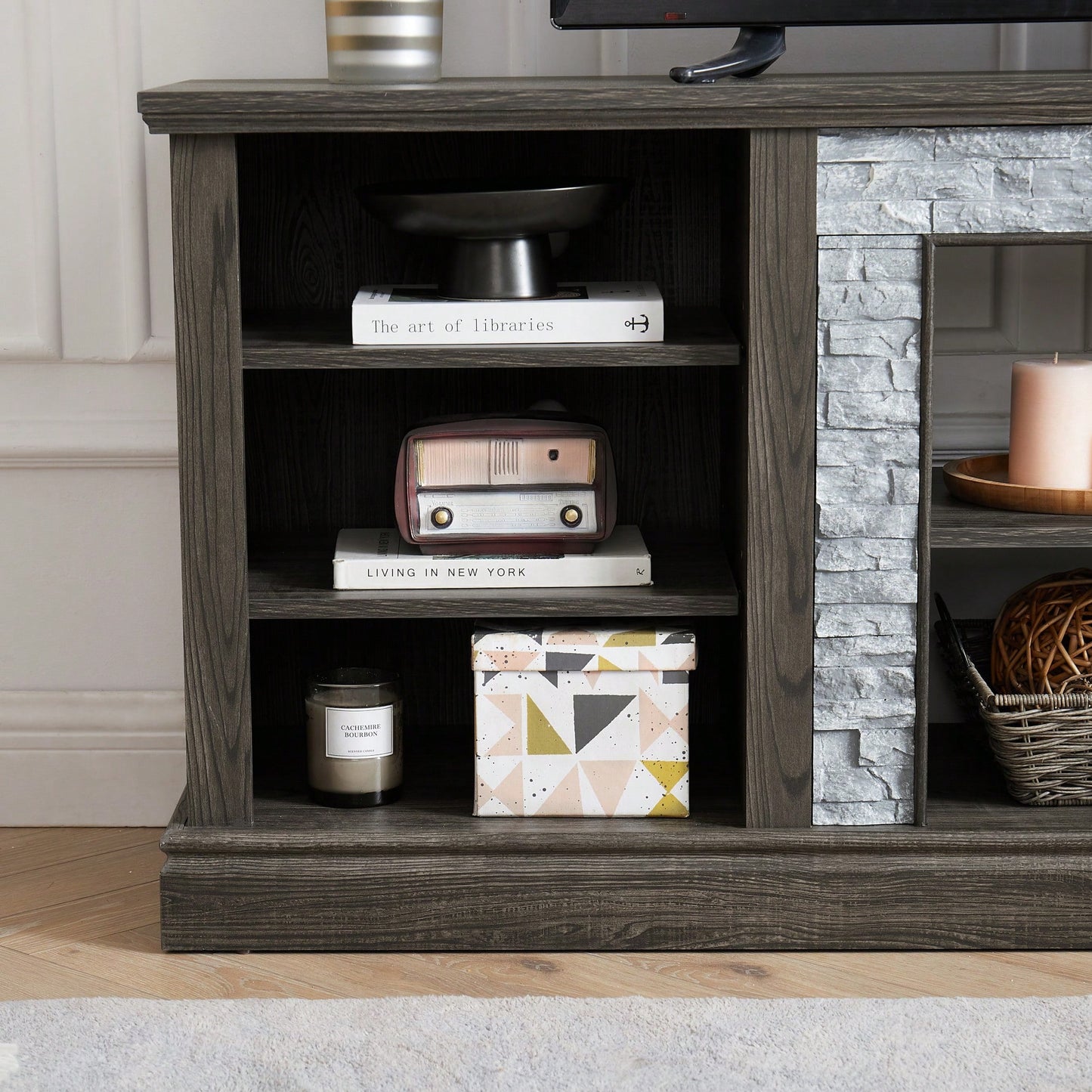 Modern Large TV Stand With Faux Stacked Stone Design And Ample Storage Space, 70.12" Wide Entertainment Center In Grey