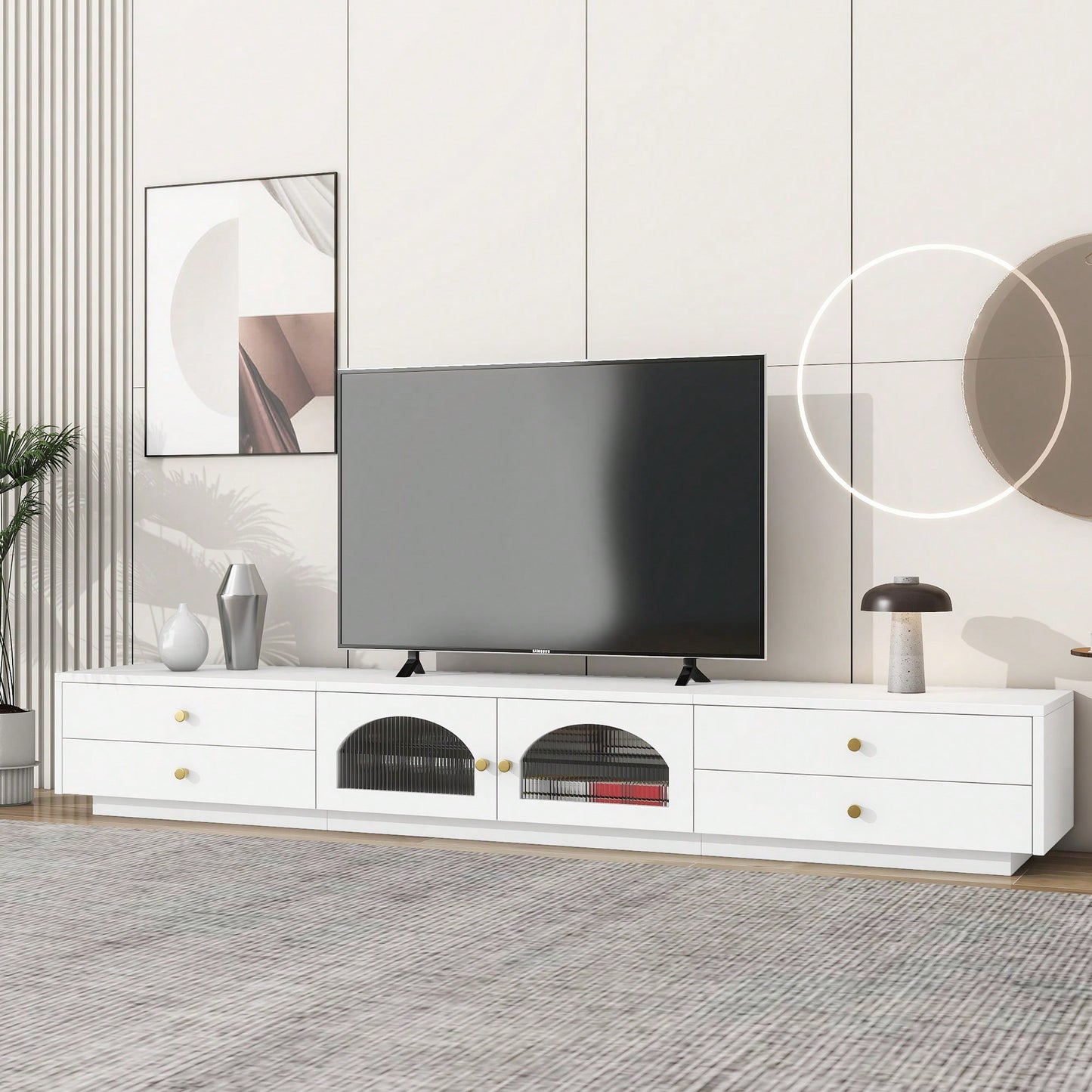 Elegant Fluted Glass Door TV Stand For TVs Up To 95 Inches, Stylish Media Console With Tempered Glass Shelf And Ample Storage Options In White