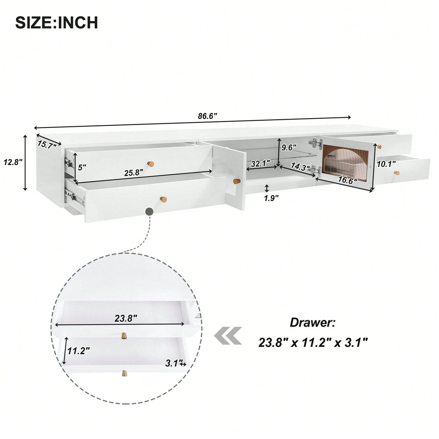 Elegant Fluted Glass Door TV Stand For TVs Up To 95 Inches, Stylish Media Console With Tempered Glass Shelf And Ample Storage Options In White