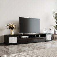 Modern Rattan Style TV Console Table With Push To Open Doors For TVs Up To 90 Inches And Color Changing LED Lights