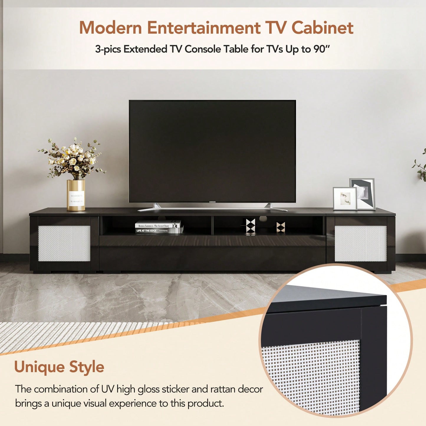 Modern Rattan Style TV Console Table With Push To Open Doors For TVs Up To 90 Inches And Color Changing LED Lights