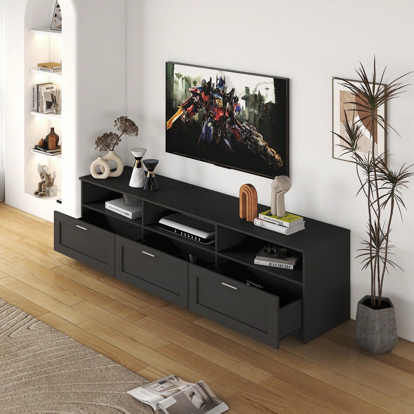 Sleek Modern Minimalist 80 Inch TV Stand With Open Storage For Living Room And Bedroom