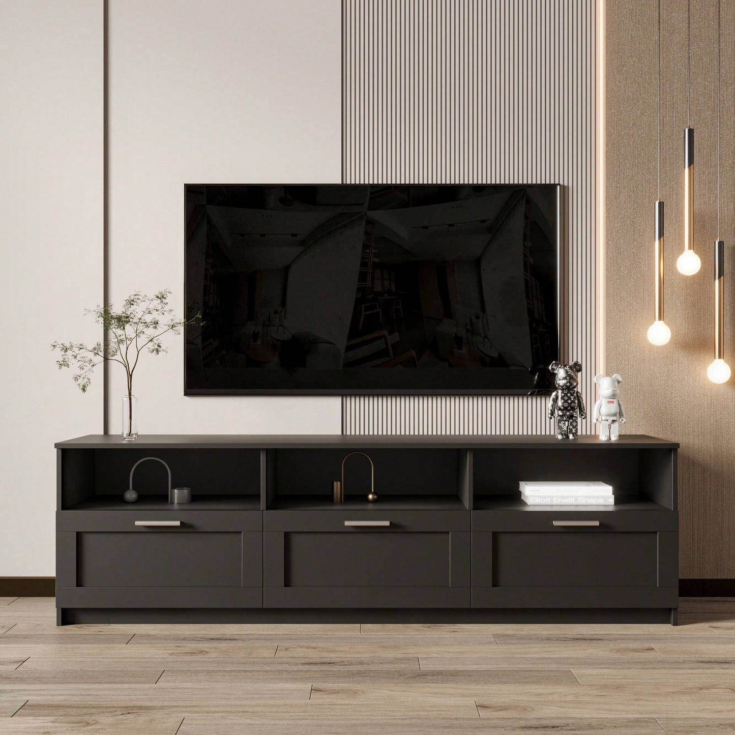 Sleek Modern Minimalist 80 Inch TV Stand With Open Storage For Living Room And Bedroom