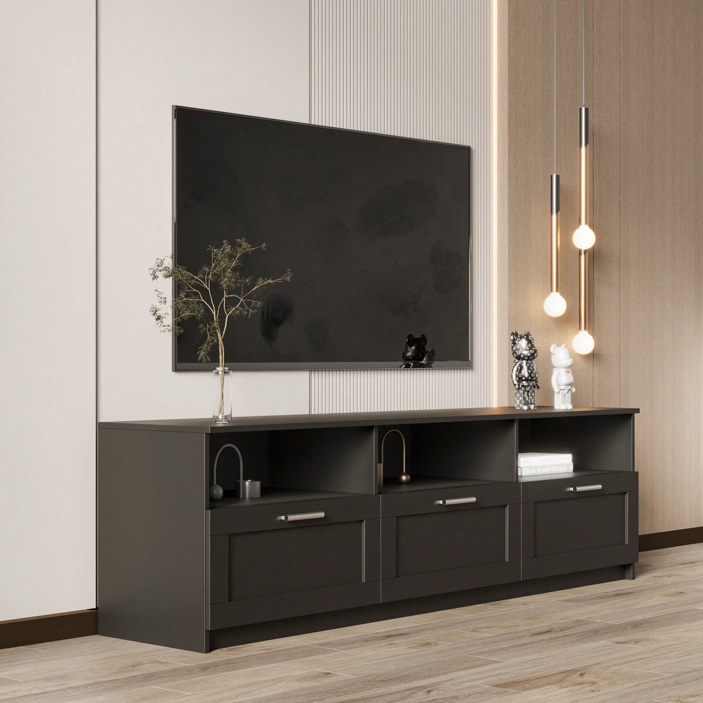 Sleek Modern Minimalist 80 Inch TV Stand With Open Storage For Living Room And Bedroom