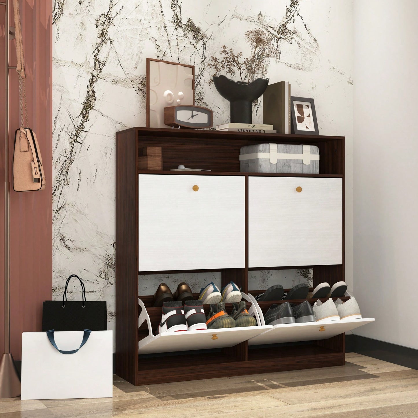 Shoe Storage Cabinet With 4 Flip Drawers Freestanding Organizer With Wooden Handle For Entryway And Hallway