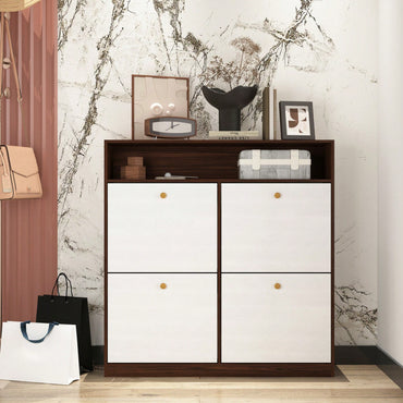 Shoe Storage Cabinet With 4 Flip Drawers Freestanding Organizer With Wooden Handle For Entryway And Hallway