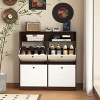 Shoe Storage Cabinet With 4 Flip Drawers Freestanding Organizer With Wooden Handle For Entryway And Hallway