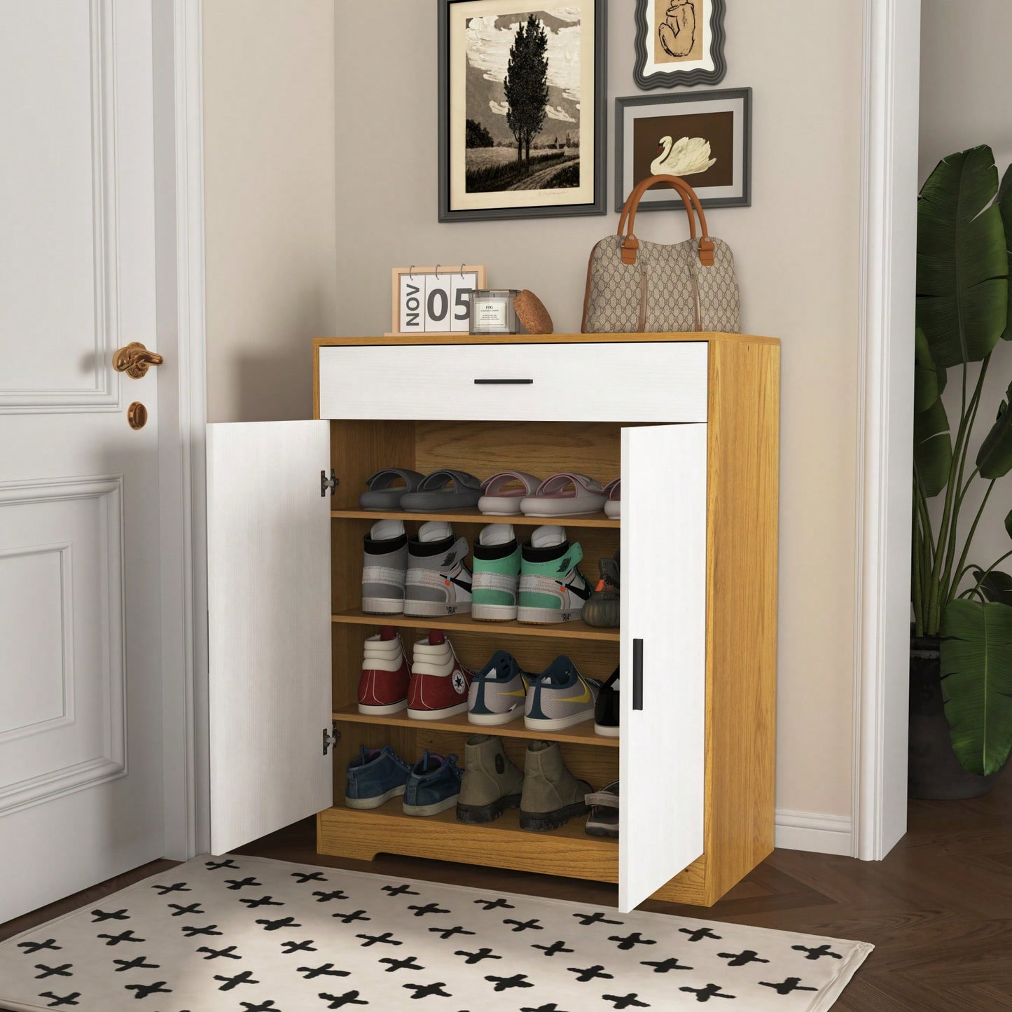 4-Tier Freestanding Wooden Shoe Cabinet With Drawer And Adjustable Shelves For Entryway And Hallway Storage