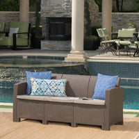 Outdoor 3-Seater Faux Wicker Rattan Sofa With Water Resistant Cushions In Brown And Beige