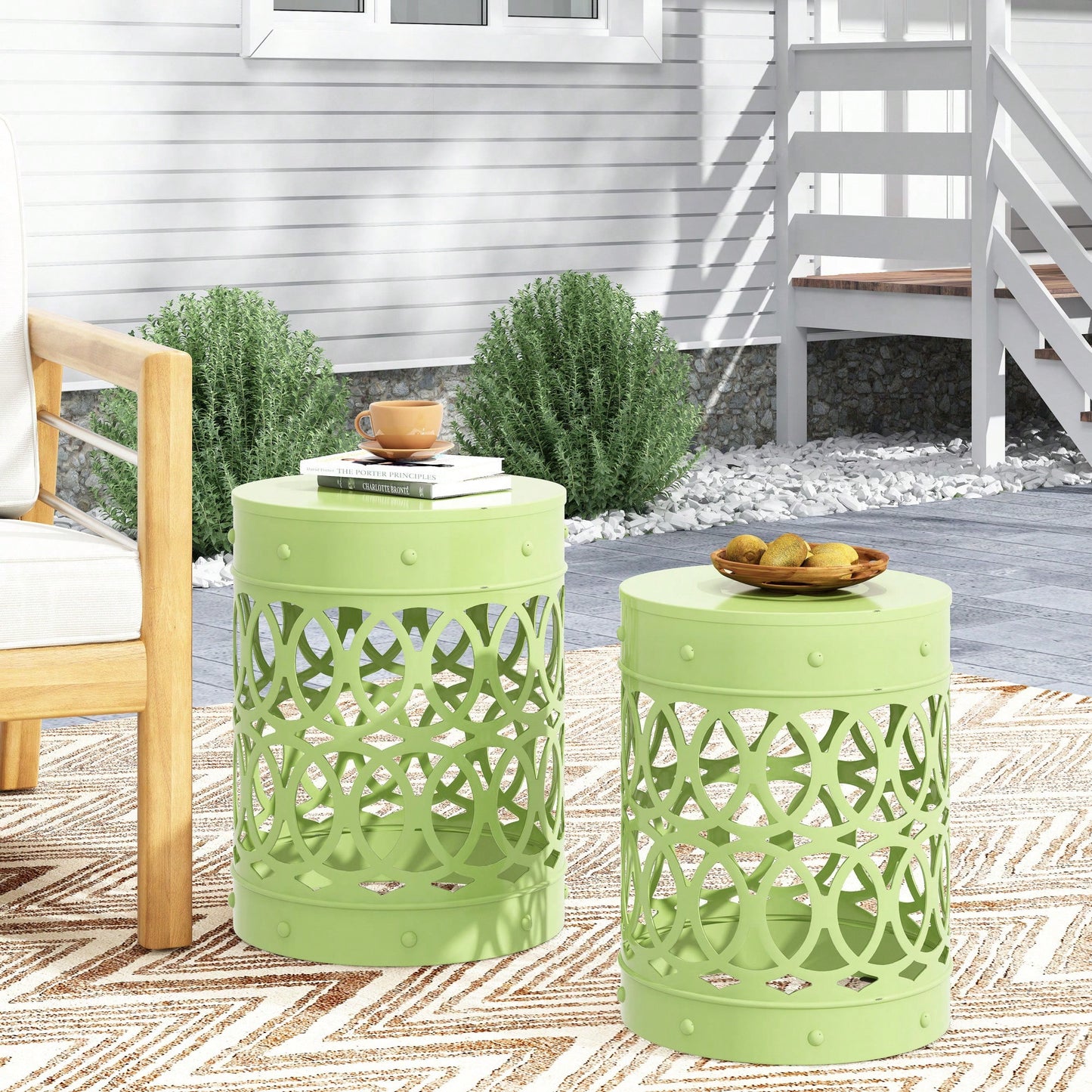 Modern Outdoor Metal Set Of 2 End Tables For Patio And Garden Use