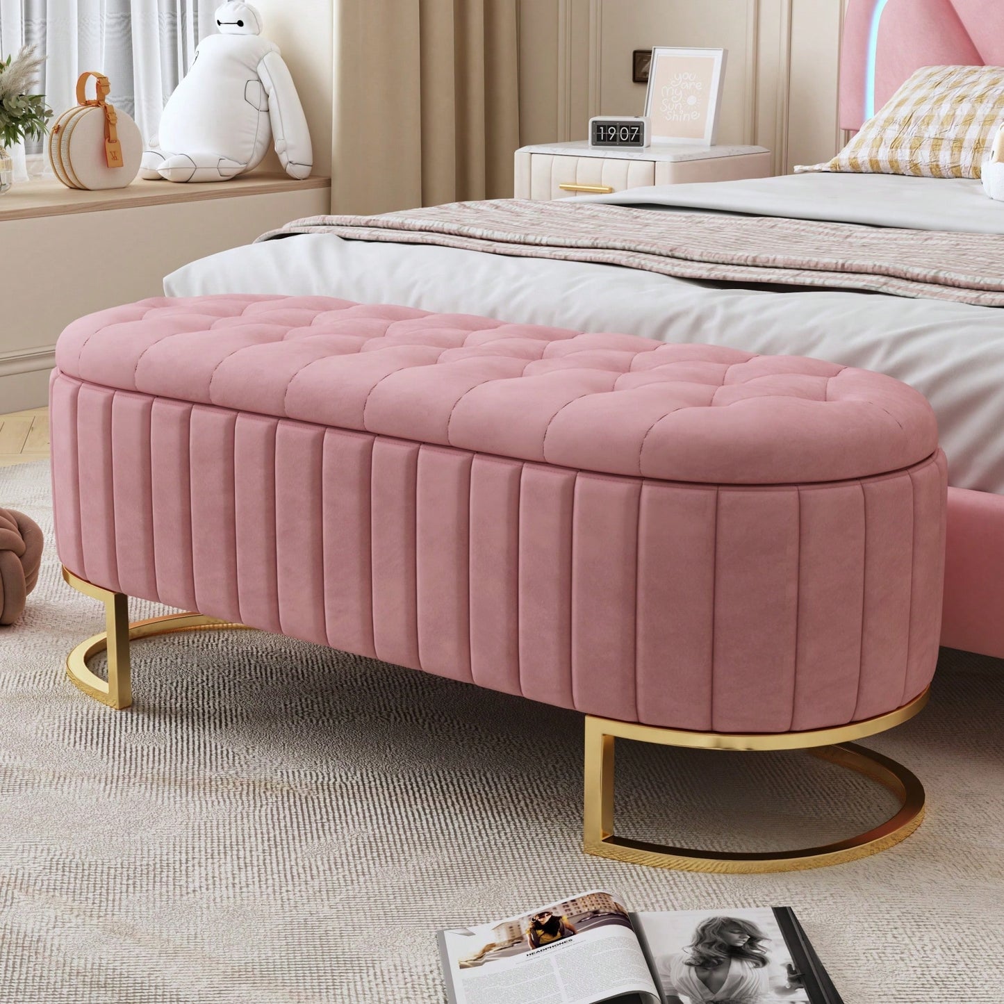 Beige Velvet Storage Ottoman with Button-Tufted Design and Metal Legs for Bedroom and Living Room Fully Assembled Except for Legs