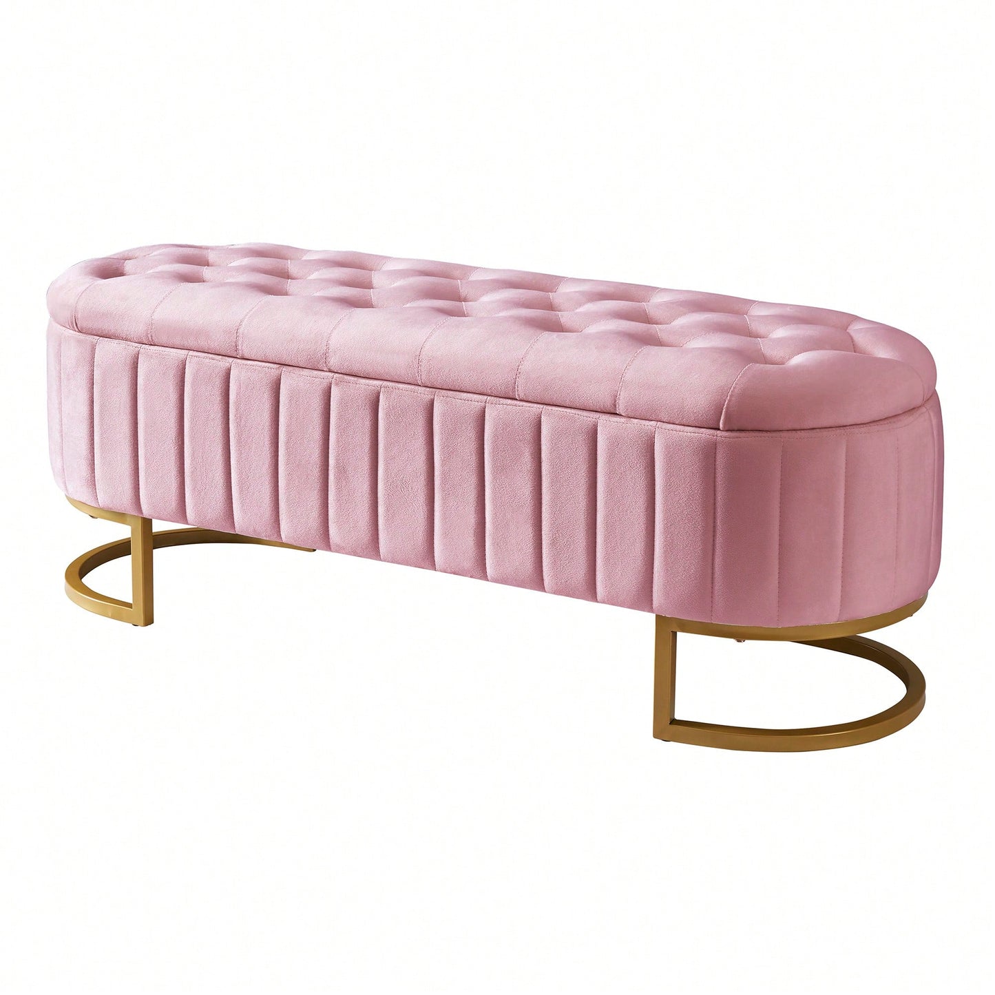 Beige Velvet Storage Ottoman with Button-Tufted Design and Metal Legs for Bedroom and Living Room Fully Assembled Except for Legs