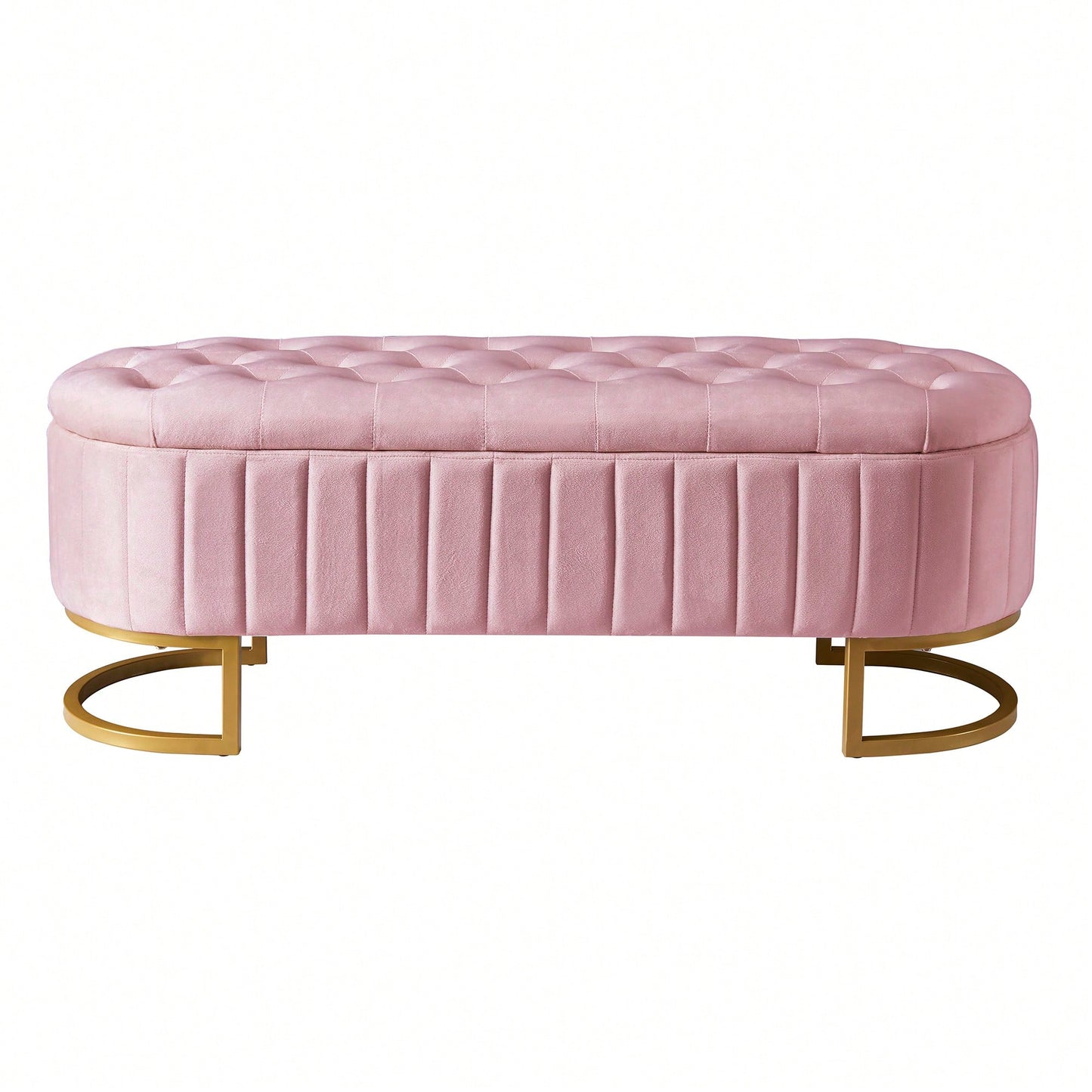 Beige Velvet Storage Ottoman with Button-Tufted Design and Metal Legs for Bedroom and Living Room Fully Assembled Except for Legs