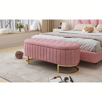 Beige Velvet Storage Ottoman with Button-Tufted Design and Metal Legs for Bedroom and Living Room Fully Assembled Except for Legs