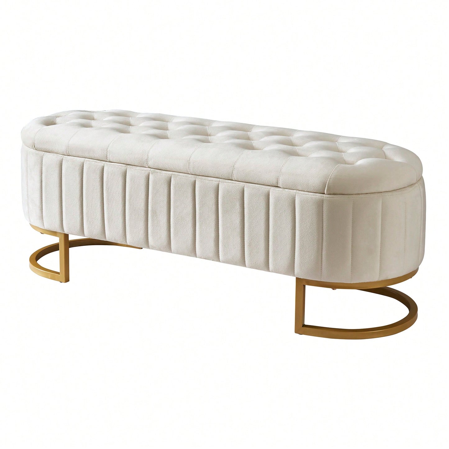 Beige Velvet Storage Ottoman with Button-Tufted Design and Metal Legs for Bedroom and Living Room Fully Assembled Except for Legs