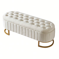 Beige Velvet Storage Ottoman with Button-Tufted Design and Metal Legs for Bedroom and Living Room Fully Assembled Except for Legs