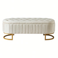 Beige Velvet Storage Ottoman with Button-Tufted Design and Metal Legs for Bedroom and Living Room Fully Assembled Except for Legs