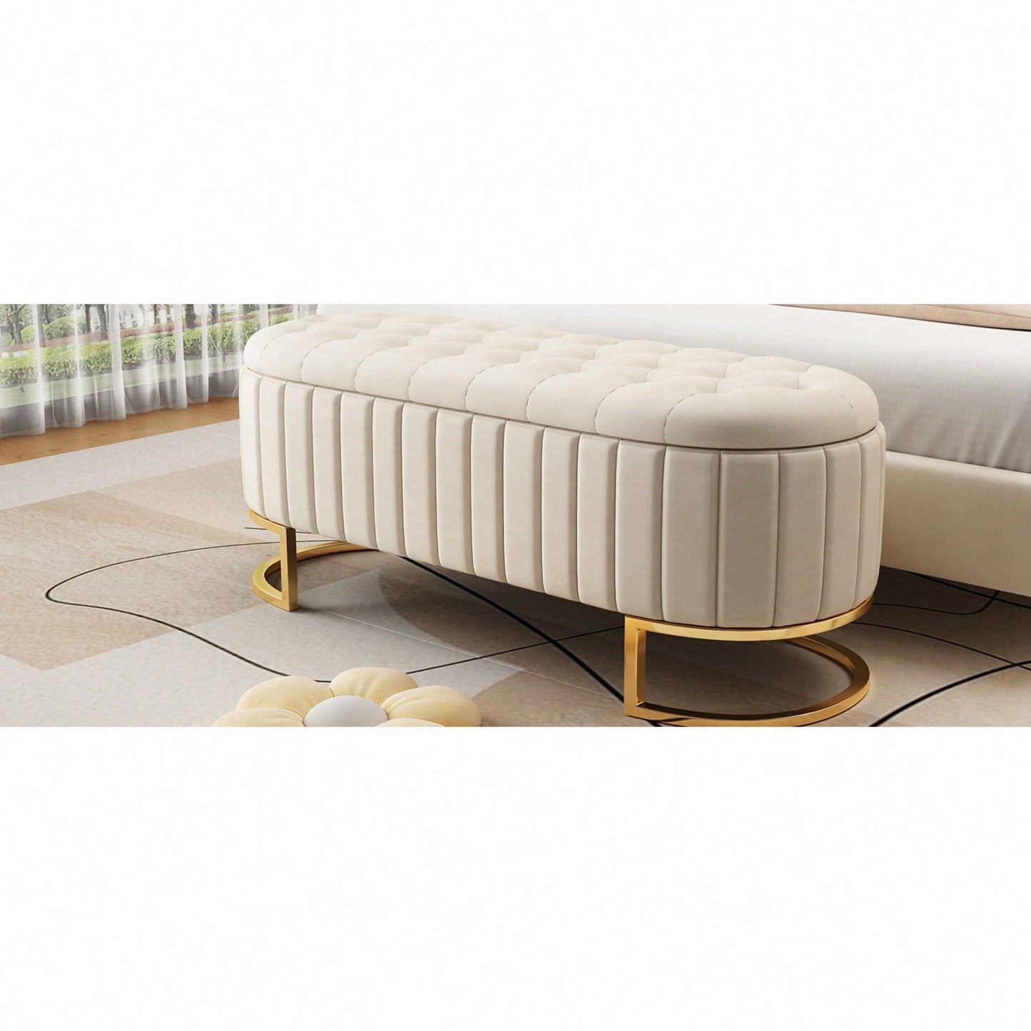 Beige Velvet Storage Ottoman with Button-Tufted Design and Metal Legs for Bedroom and Living Room Fully Assembled Except for Legs