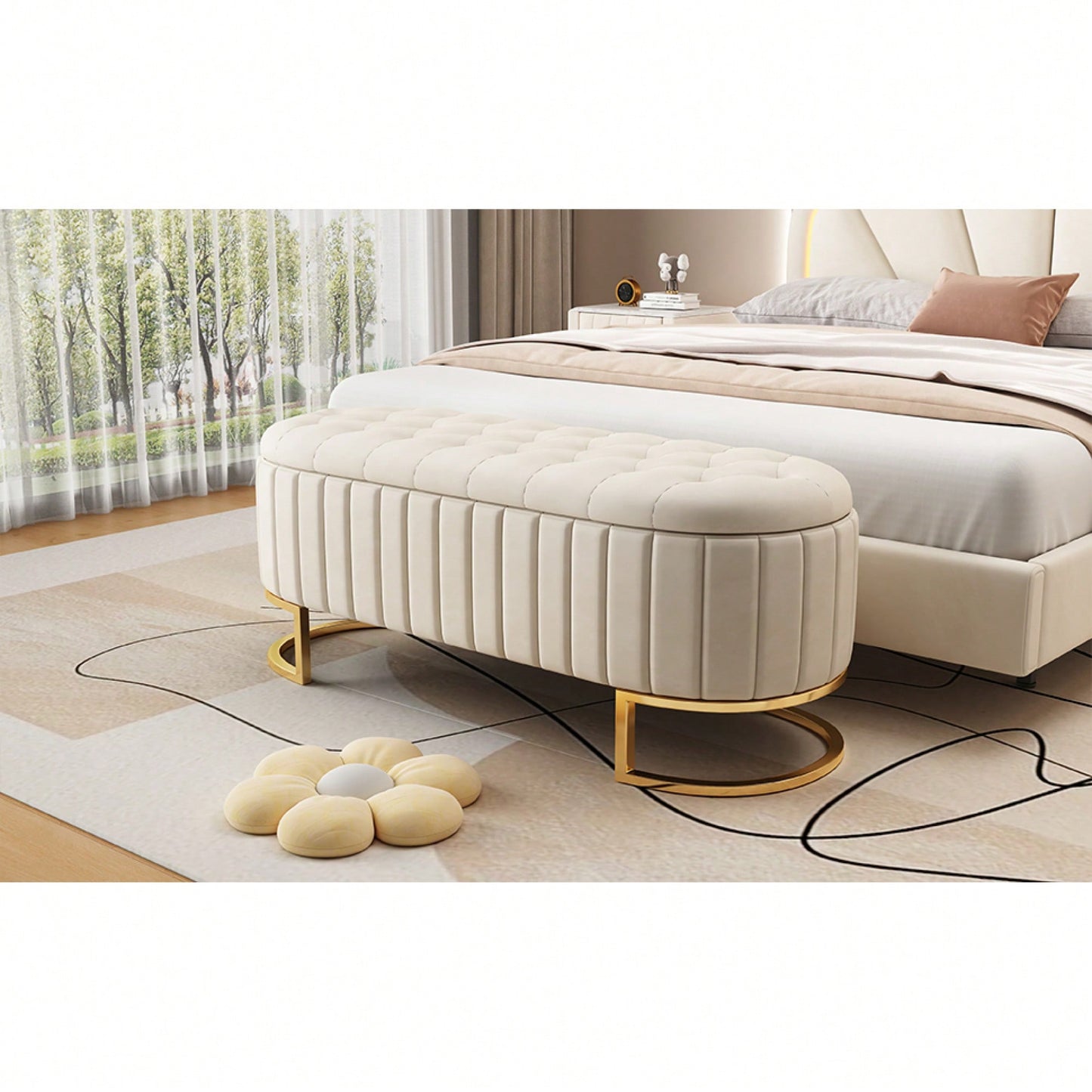 Beige Velvet Storage Ottoman with Button-Tufted Design and Metal Legs for Bedroom and Living Room Fully Assembled Except for Legs