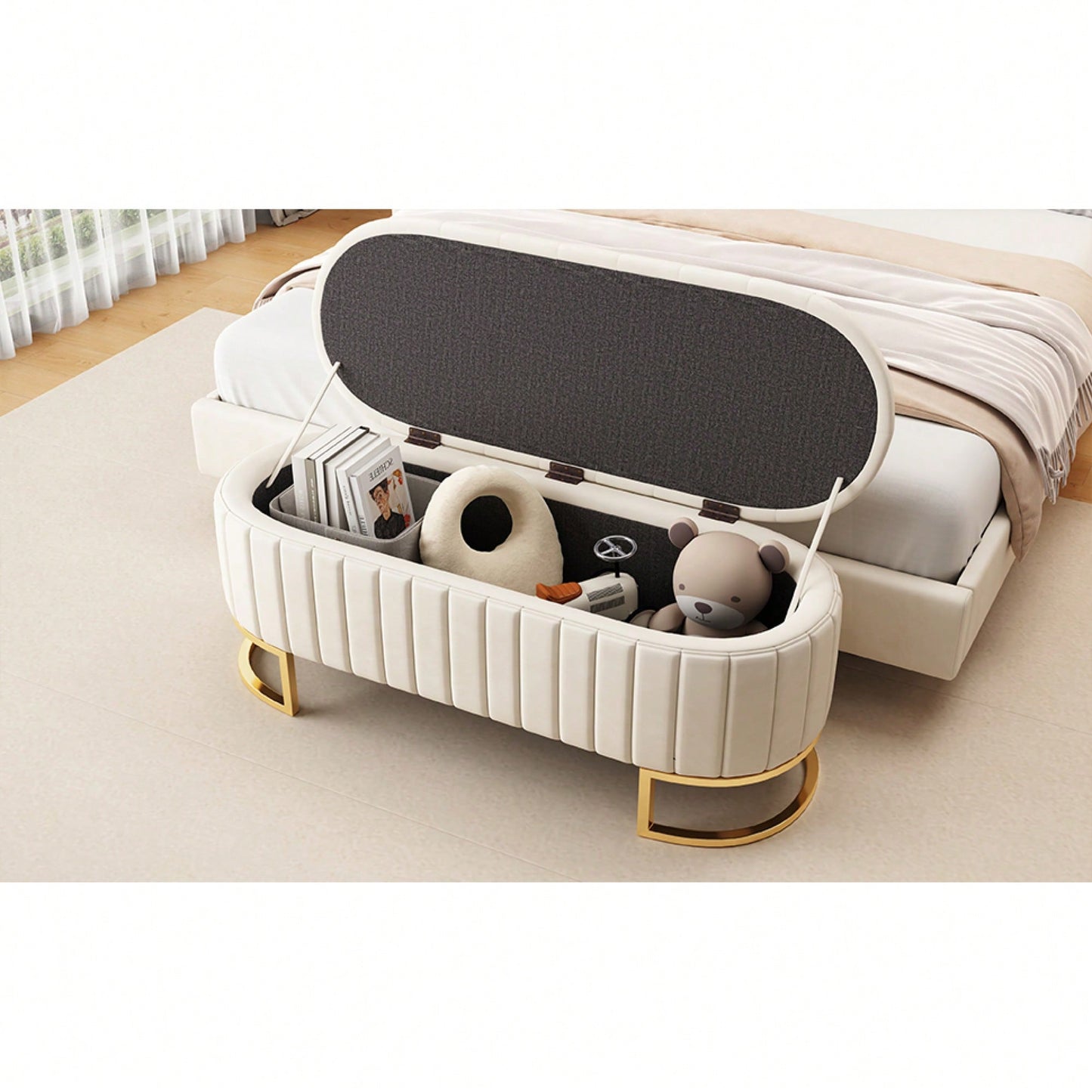 Beige Velvet Storage Ottoman with Button-Tufted Design and Metal Legs for Bedroom and Living Room Fully Assembled Except for Legs