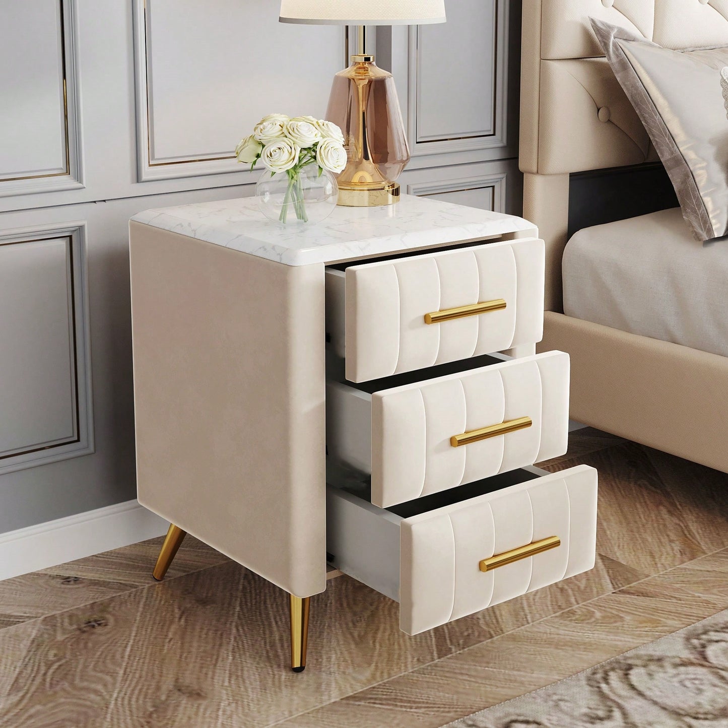 Stylish Pink Upholstered Nightstand With 3 Drawers And Metal Legs, Elegant Bedside Table Featuring Marbled Top