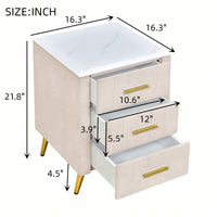 Stylish Pink Upholstered Nightstand With 3 Drawers And Metal Legs, Elegant Bedside Table Featuring Marbled Top