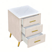 Stylish Pink Upholstered Nightstand With 3 Drawers And Metal Legs, Elegant Bedside Table Featuring Marbled Top