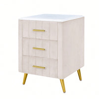 Stylish Pink Upholstered Nightstand With 3 Drawers And Metal Legs, Elegant Bedside Table Featuring Marbled Top