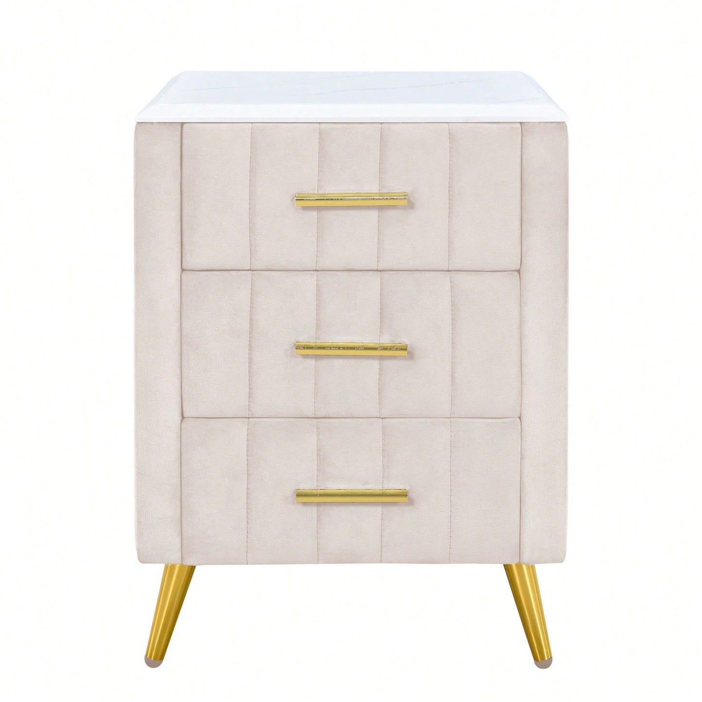 Stylish Pink Upholstered Nightstand With 3 Drawers And Metal Legs, Elegant Bedside Table Featuring Marbled Top