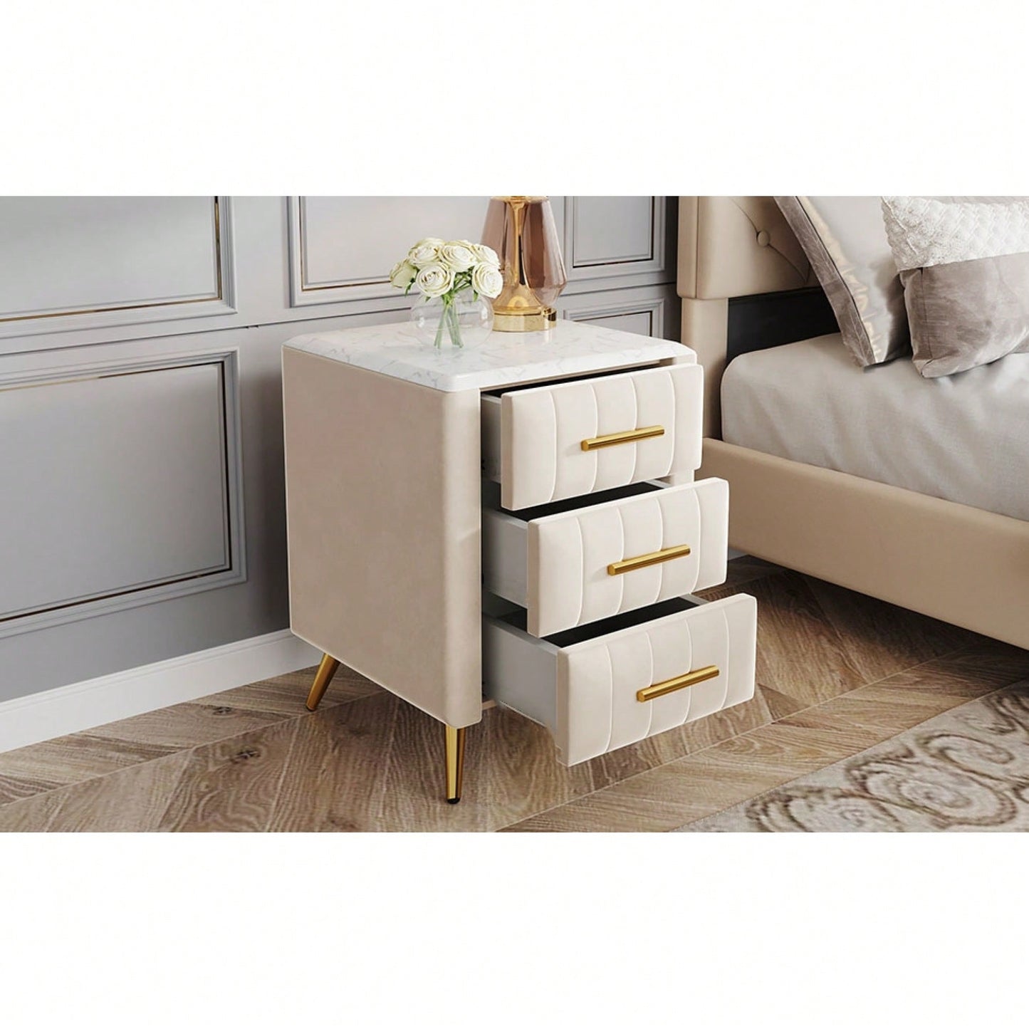 Stylish Pink Upholstered Nightstand With 3 Drawers And Metal Legs, Elegant Bedside Table Featuring Marbled Top