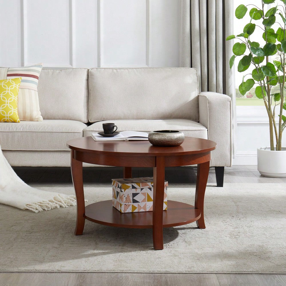 Round Coffee Table With Open Storage Shelf 2-Tier Wooden Accent Table For Living Room Bedroom And Small Spaces 30 X 30 X 18 Inches