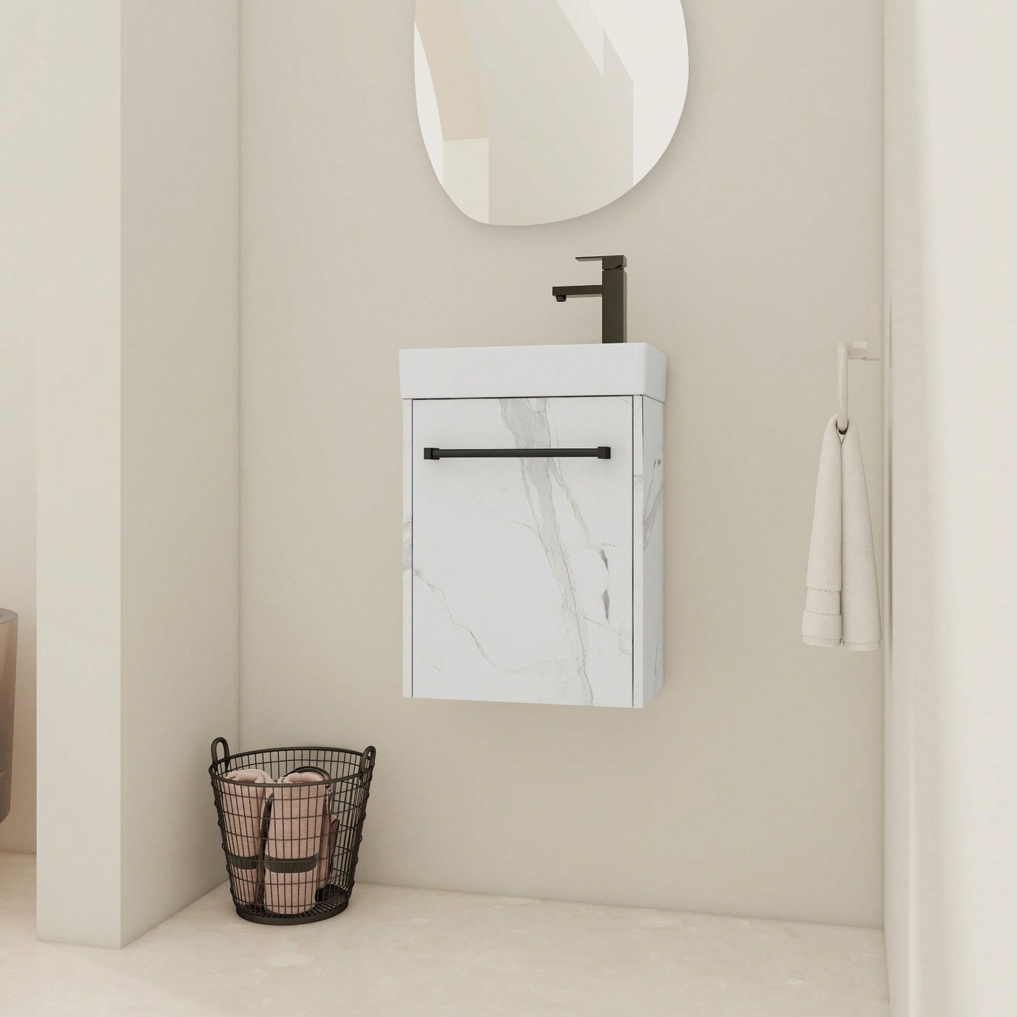 Compact 16 Inch Wall-Mounted Bathroom Vanity With Ceramic Sink And Soft-Close Cabinet Door Ideal For Small Spaces