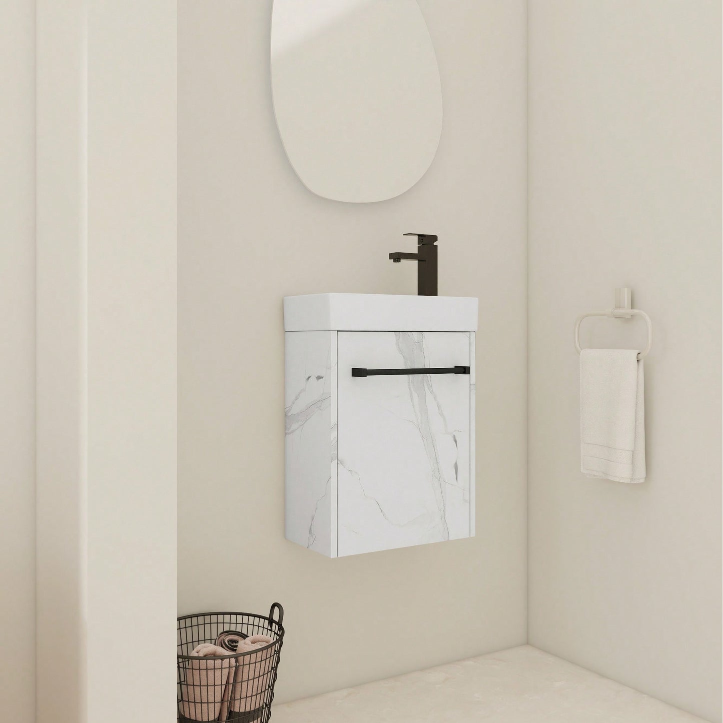Compact 16 Inch Wall-Mounted Bathroom Vanity With Ceramic Sink And Soft-Close Cabinet Door Ideal For Small Spaces