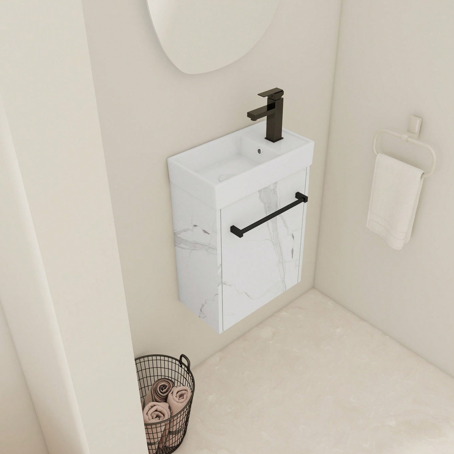 Compact 16 Inch Wall-Mounted Bathroom Vanity With Ceramic Sink And Soft-Close Cabinet Door Ideal For Small Spaces