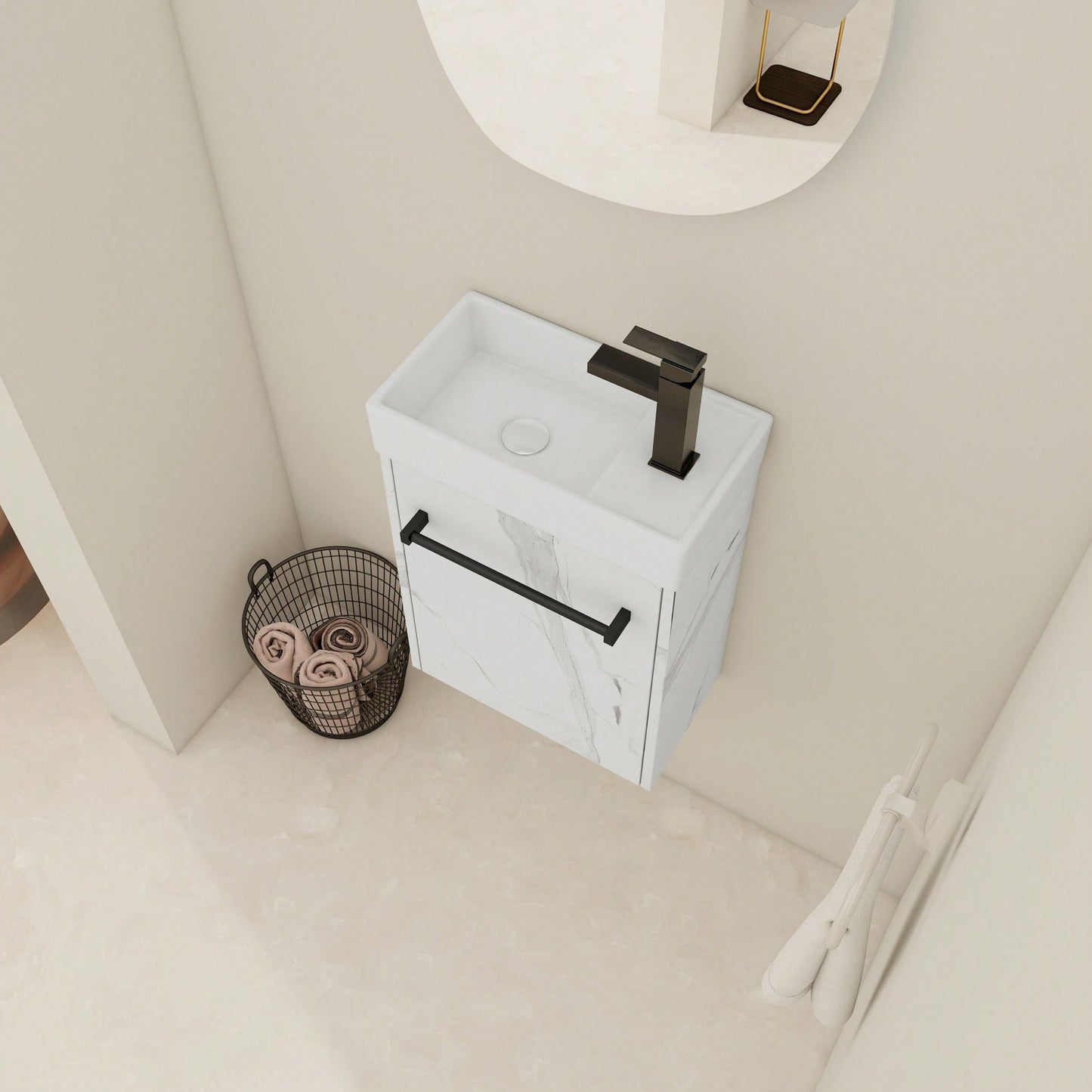 Compact 16 Inch Wall-Mounted Bathroom Vanity With Ceramic Sink And Soft-Close Cabinet Door Ideal For Small Spaces