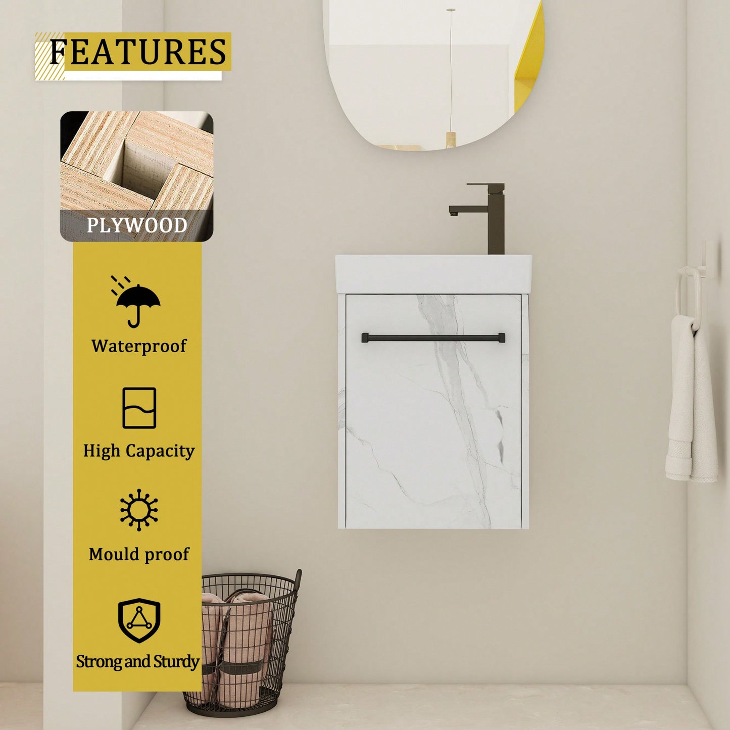 Compact 16 Inch Wall-Mounted Bathroom Vanity With Ceramic Sink And Soft-Close Cabinet Door Ideal For Small Spaces