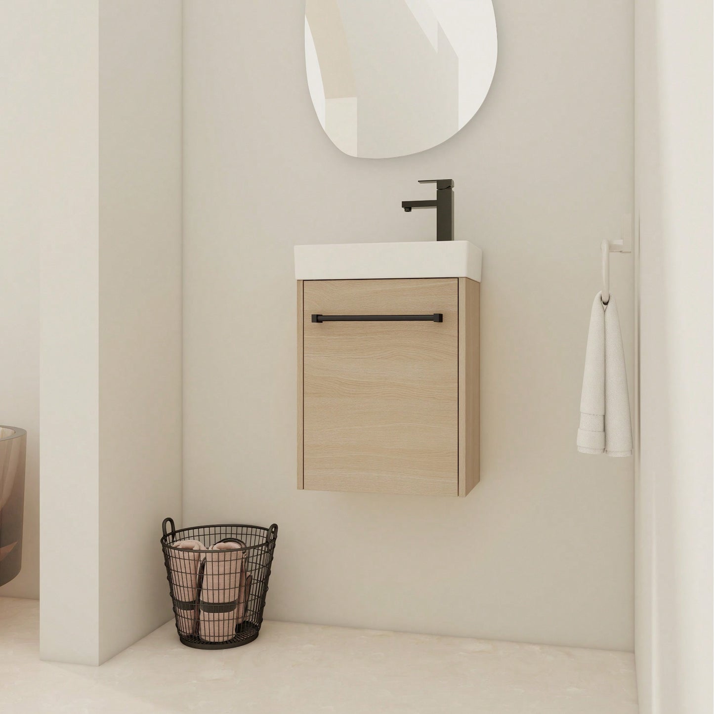 Compact 16 Inch Wall-Mounted Bathroom Vanity With Ceramic Sink And Soft-Close Cabinet Door Ideal For Small Spaces