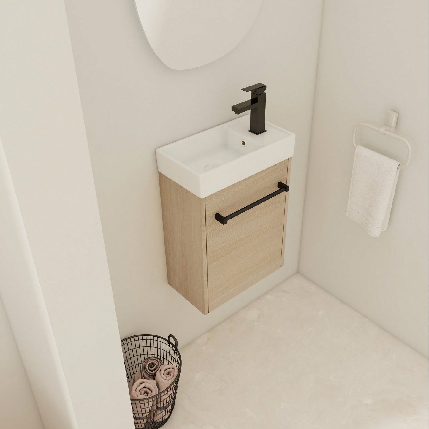 Compact 16 Inch Wall-Mounted Bathroom Vanity With Ceramic Sink And Soft-Close Cabinet Door Ideal For Small Spaces