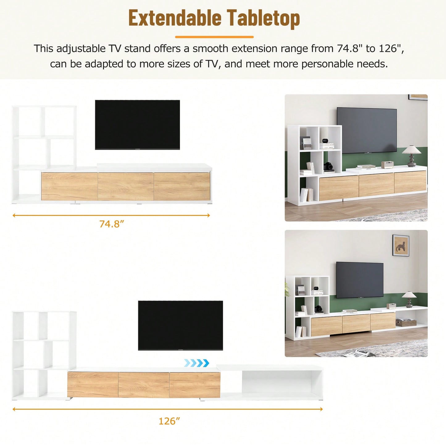 Extendable 74.8 to 126 Inch TV Stand with 3 Tier Bookshelves for TVs Up to 110 Inches Adjustable Entertainment Center with Storage White