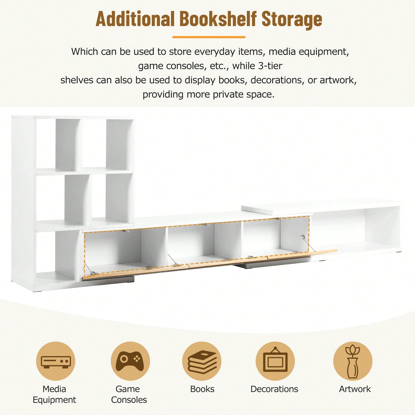 Extendable 74.8 to 126 Inch TV Stand with 3 Tier Bookshelves for TVs Up to 110 Inches Adjustable Entertainment Center with Storage White