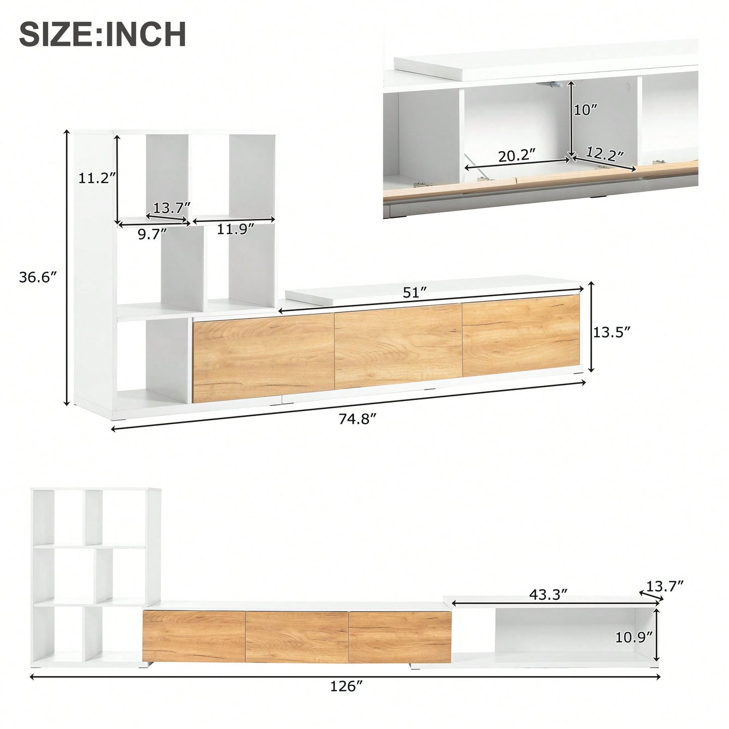 Extendable 74.8 to 126 Inch TV Stand with 3 Tier Bookshelves for TVs Up to 110 Inches Adjustable Entertainment Center with Storage White