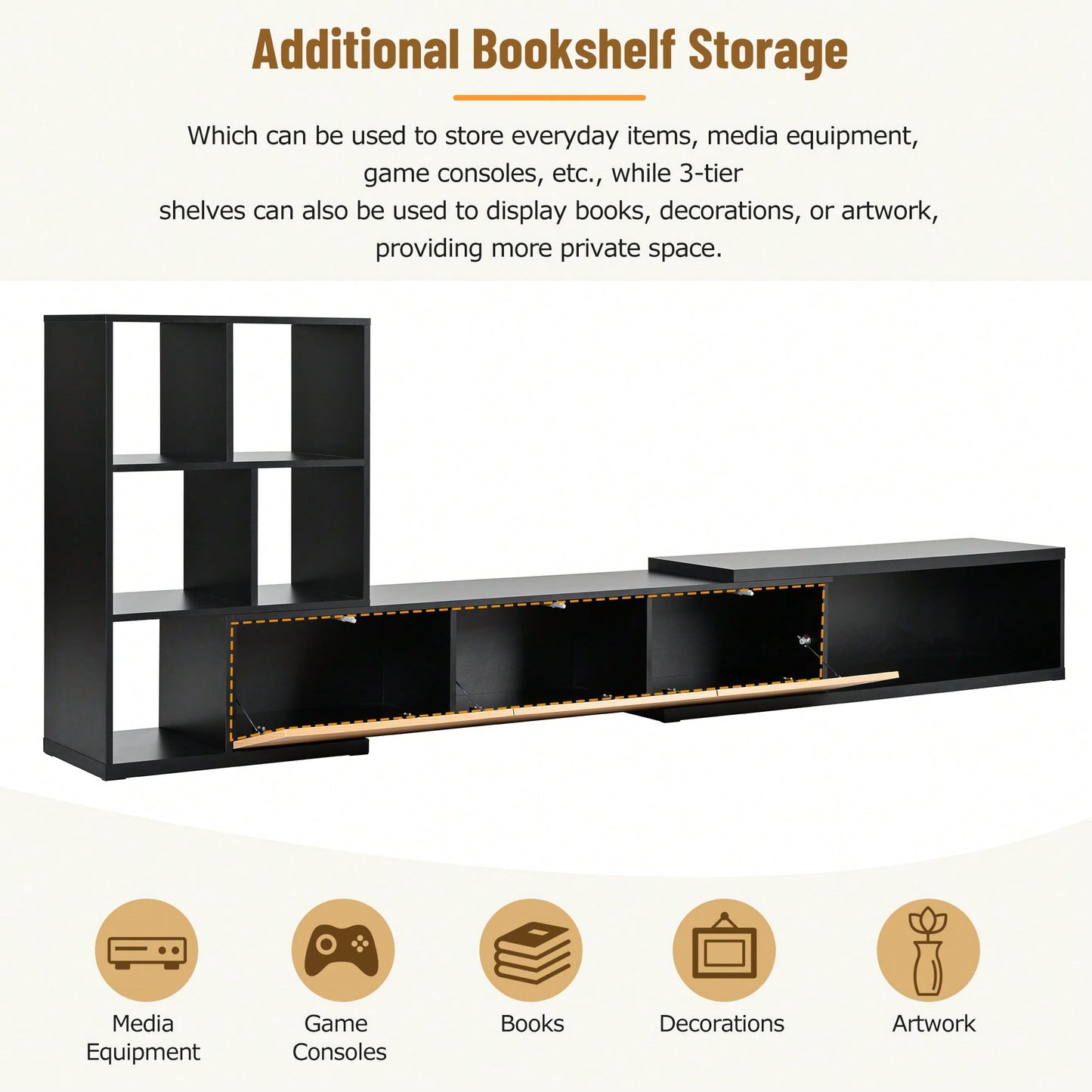 Extendable 74.8 to 126 Inch TV Stand with 3 Tier Bookshelves for TVs Up to 110 Inches Adjustable Entertainment Center with Storage White