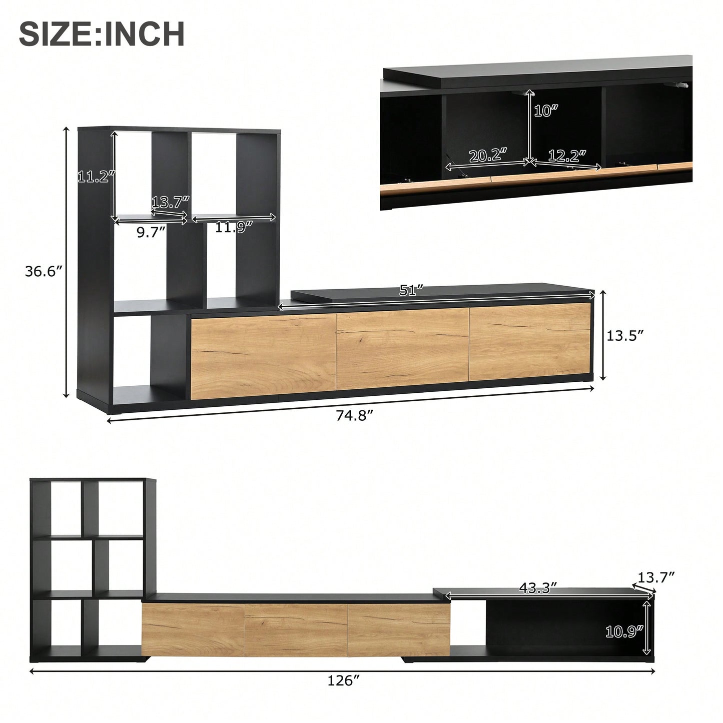 Extendable 74.8 to 126 Inch TV Stand with 3 Tier Bookshelves for TVs Up to 110 Inches Adjustable Entertainment Center with Storage White