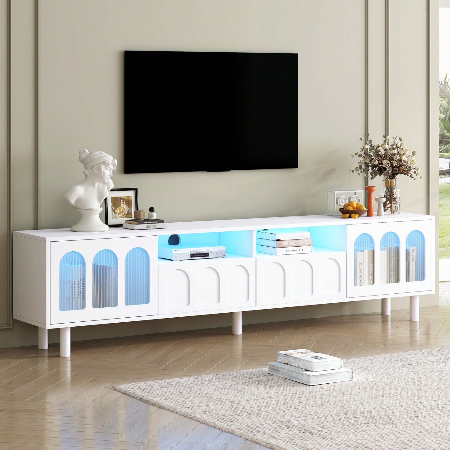 Elegant Cream TV Stand with LED Light for Up to 80 Inch TVs Stylish Entertainment Center with Solid Wood Legs and Fluted Glass Doors