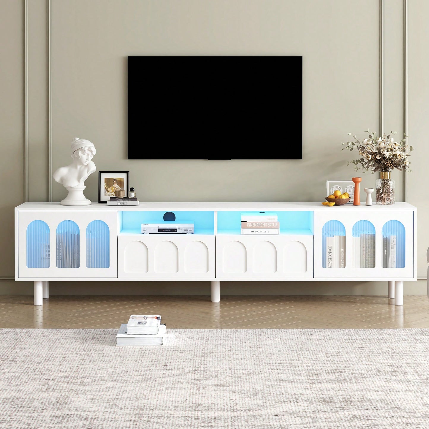 Elegant Cream TV Stand with LED Light for Up to 80 Inch TVs Stylish Entertainment Center with Solid Wood Legs and Fluted Glass Doors