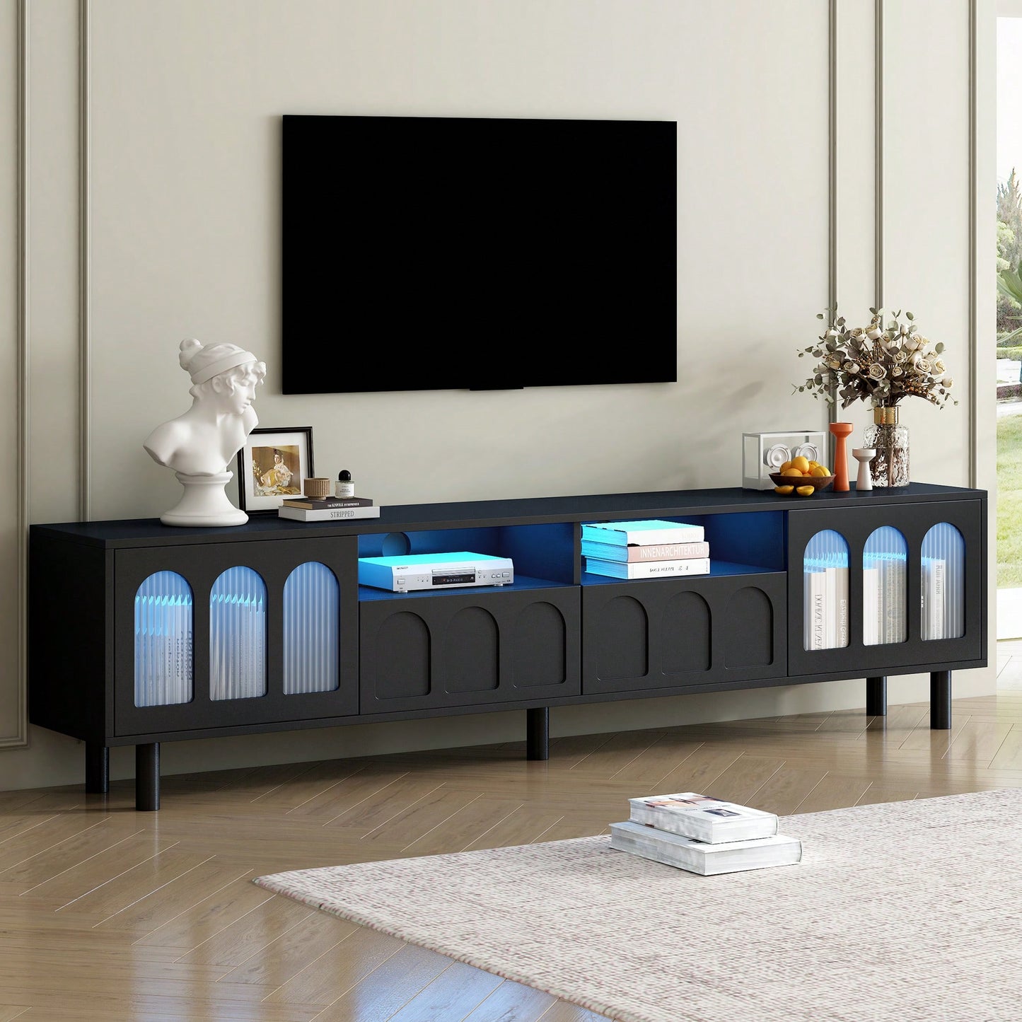 Elegant Cream TV Stand with LED Light for Up to 80 Inch TVs Stylish Entertainment Center with Solid Wood Legs and Fluted Glass Doors