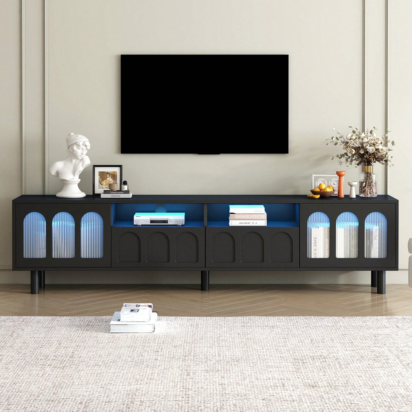 Elegant Cream TV Stand with LED Light for Up to 80 Inch TVs Stylish Entertainment Center with Solid Wood Legs and Fluted Glass Doors