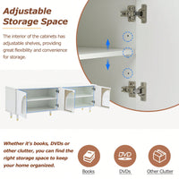 Contemporary White TV Stand for TVs Up to 78 Inches with Adjustable Shelves Gold Handles and Arch Fluted Glass Doors Elegant Media Console