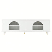 Contemporary White TV Stand for TVs Up to 78 Inches with Adjustable Shelves Gold Handles and Arch Fluted Glass Doors Elegant Media Console