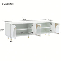 Contemporary White TV Stand for TVs Up to 78 Inches with Adjustable Shelves Gold Handles and Arch Fluted Glass Doors Elegant Media Console
